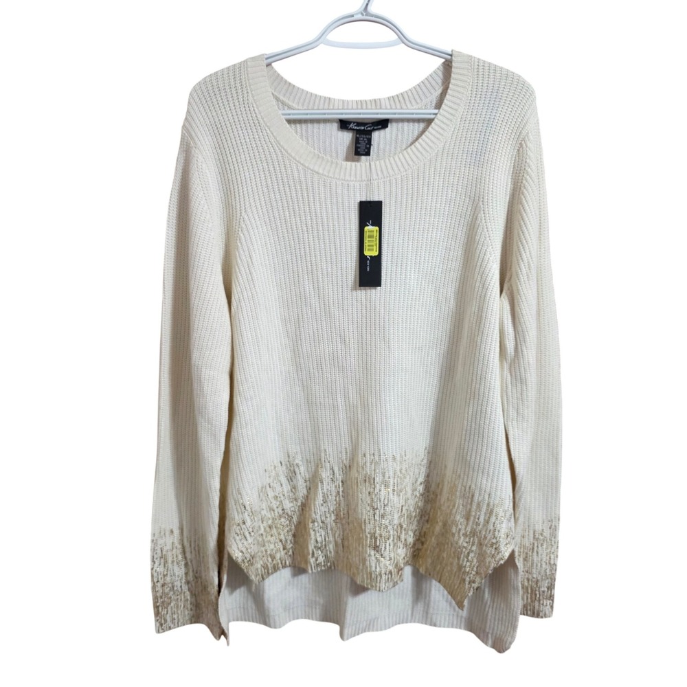 Kenneth Cole New York Hallie Gold Shimmer Wool Blend Sweater Cream XL NWT